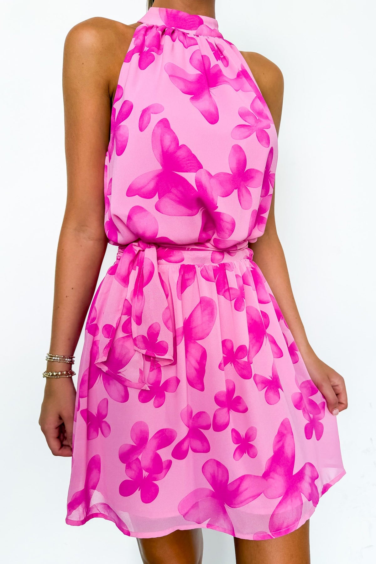 Butterfly Dream Halter Waist Tie Chiffon Dress