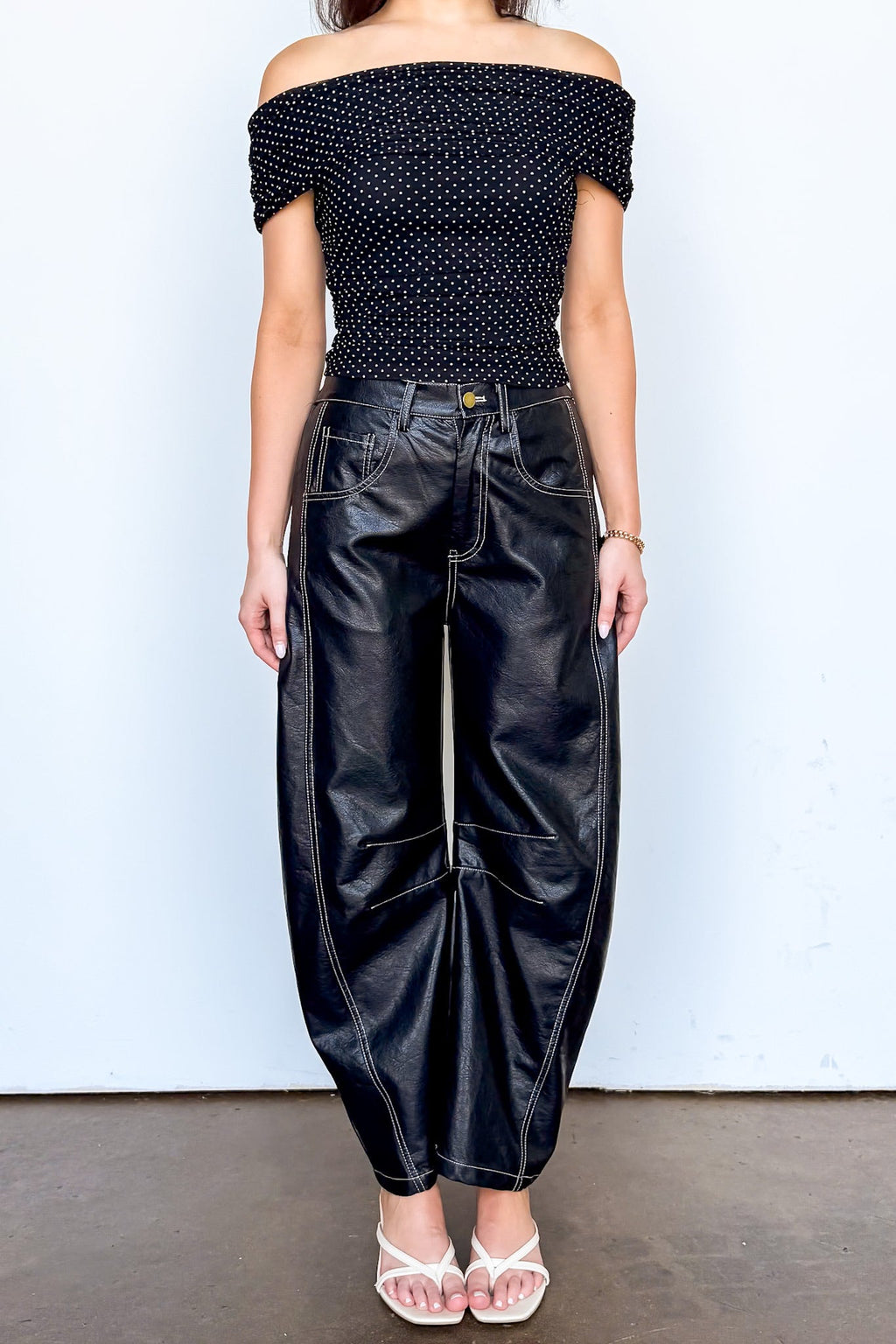Dark Mode Faux Leather Barrel Pants