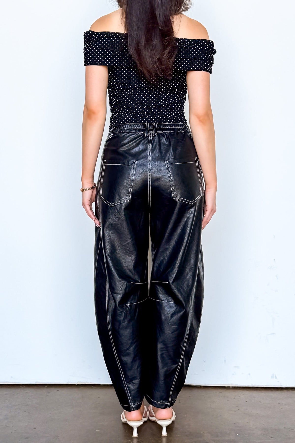Dark Mode Faux Leather Barrel Pants