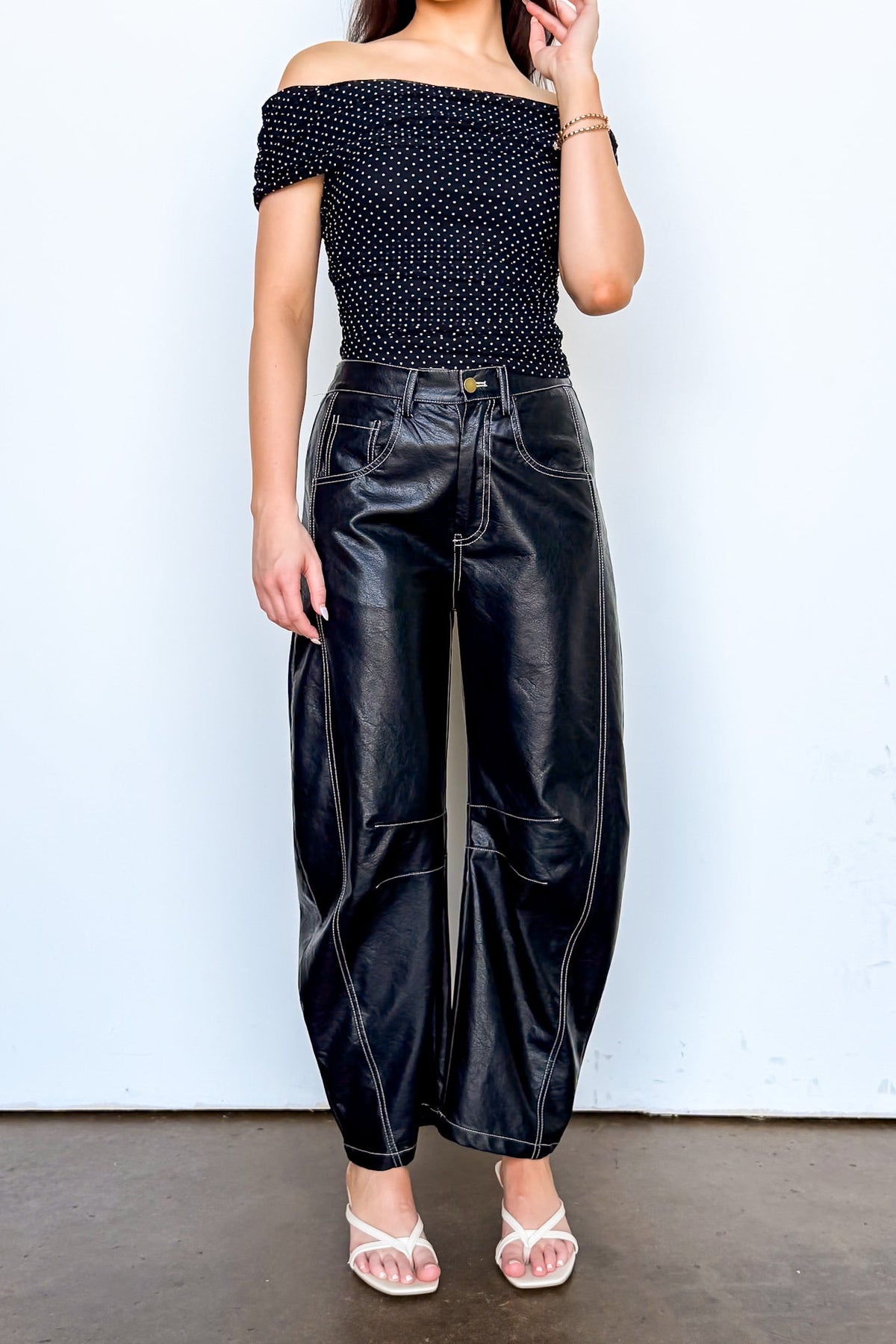 Dark Mode Faux Leather Barrel Pants