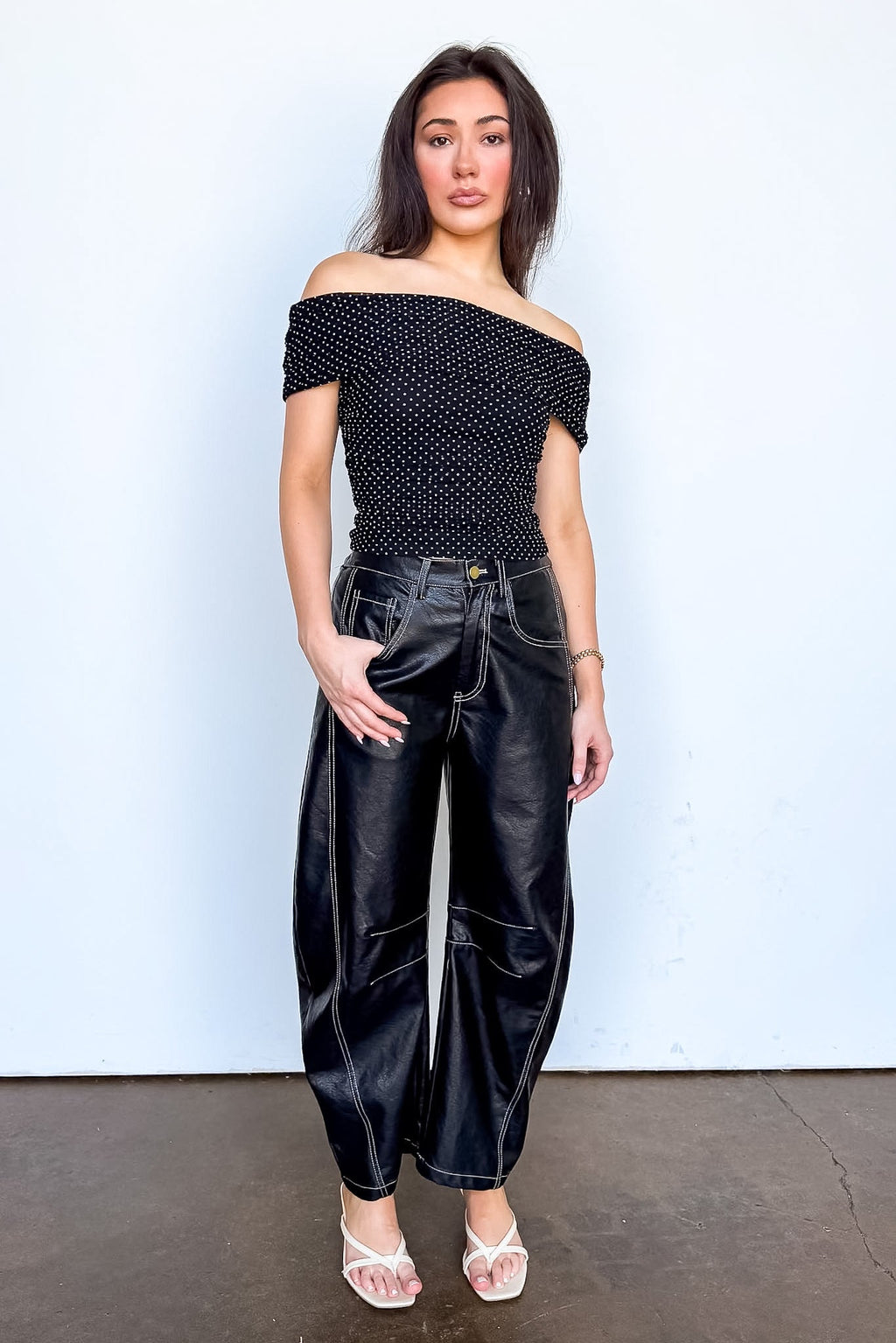 Dark Mode Faux Leather Barrel Pants