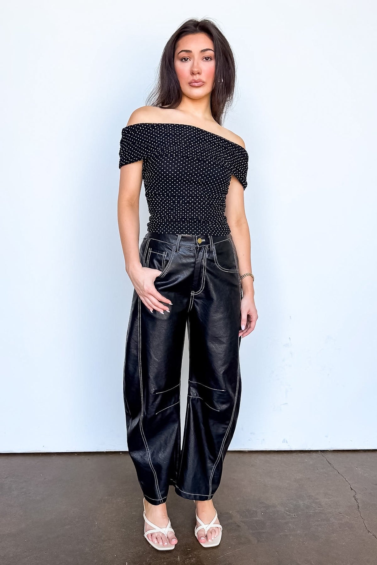 Dark Mode Faux Leather Barrel Pants