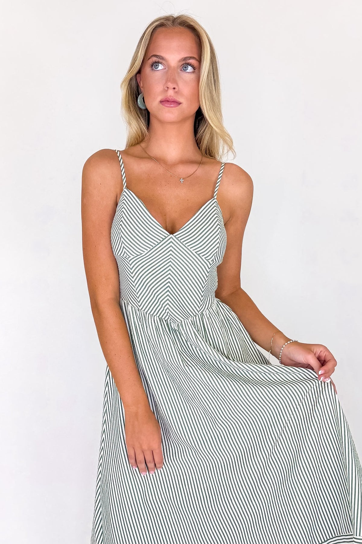 Framed Stripe Basque Waist Midi Dress