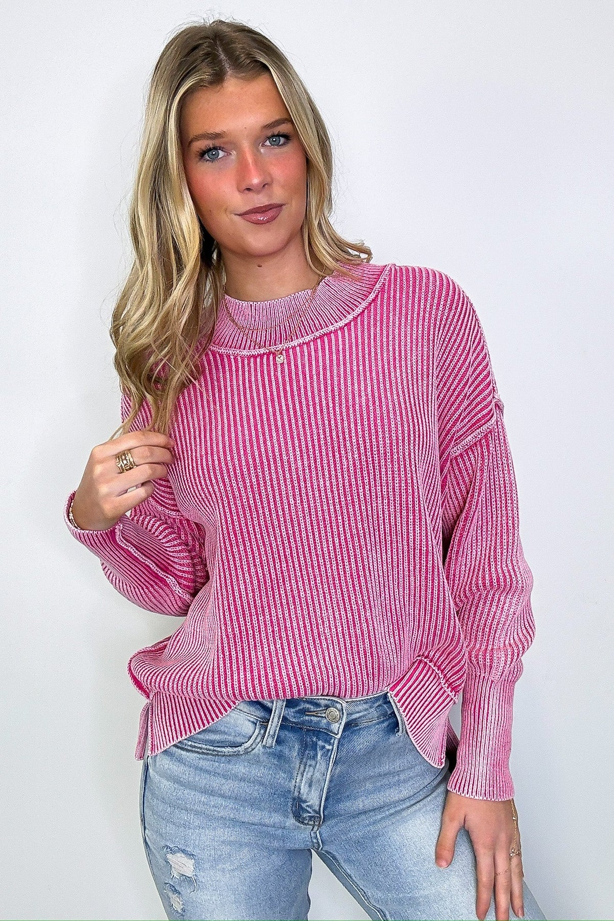 Tara Washed Side Slit Knit Sweater