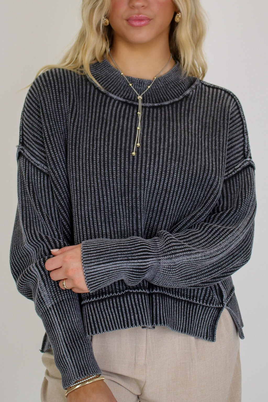 Tara Washed Side Slit Knit Sweater