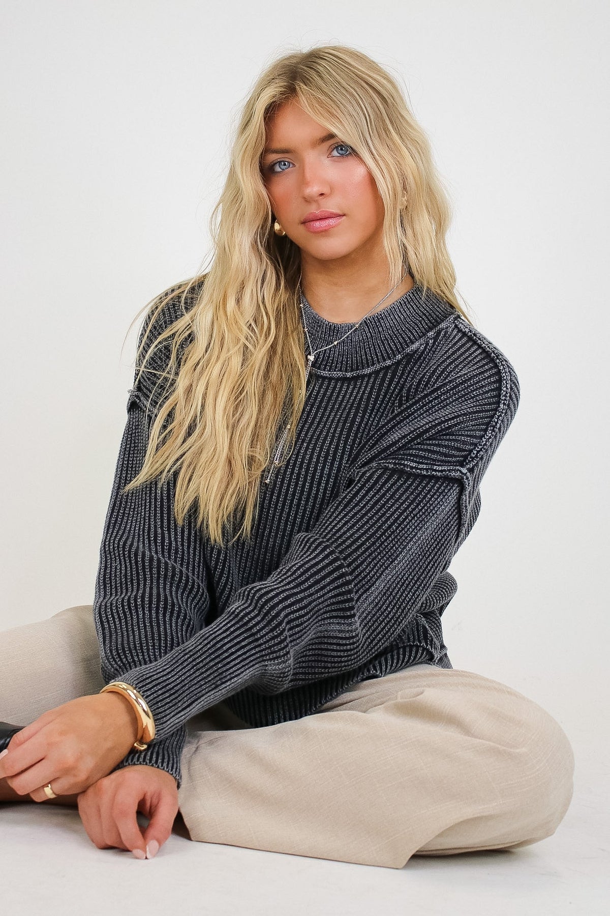 Tara Washed Side Slit Knit Sweater