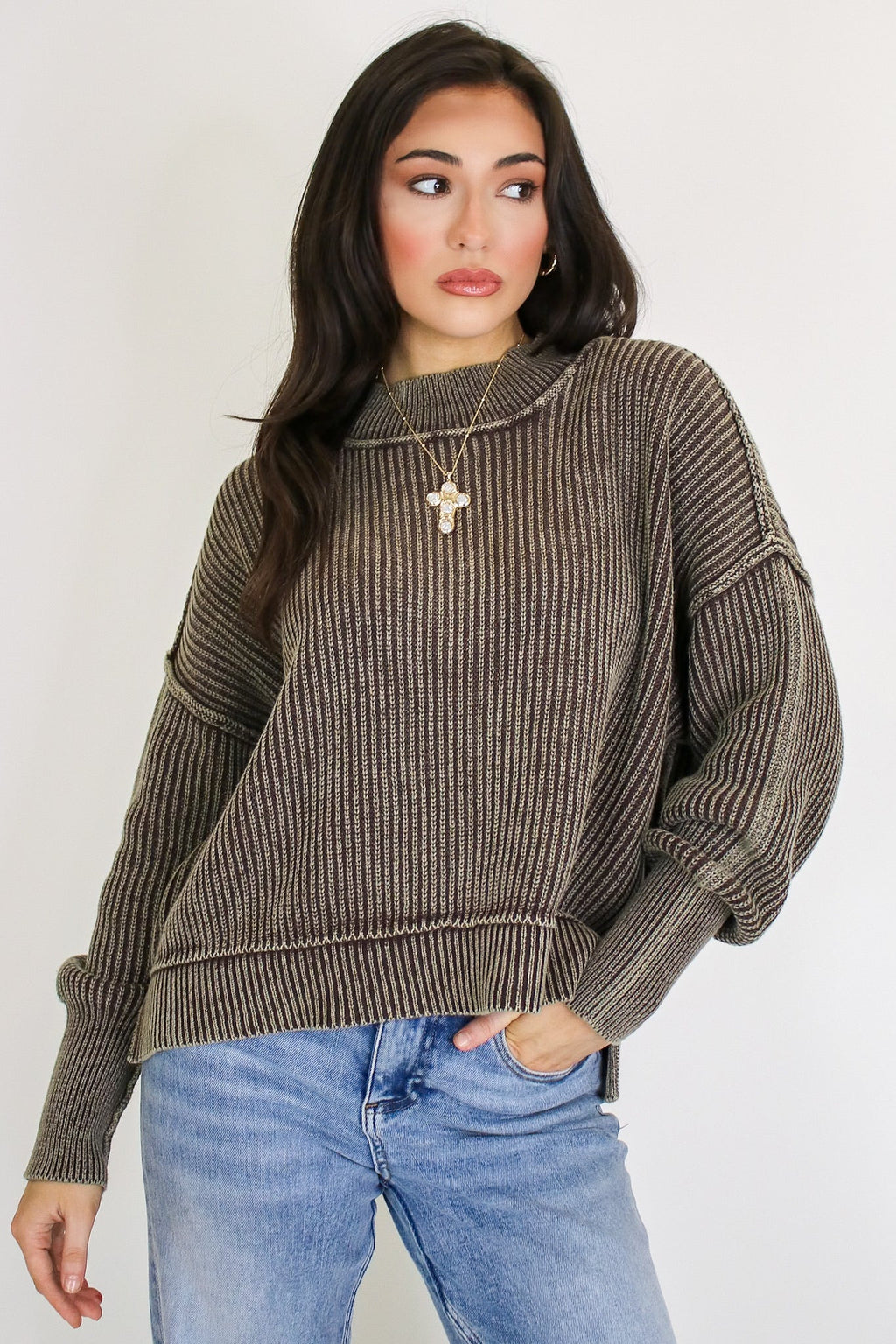 Tara Washed Side Slit Knit Sweater