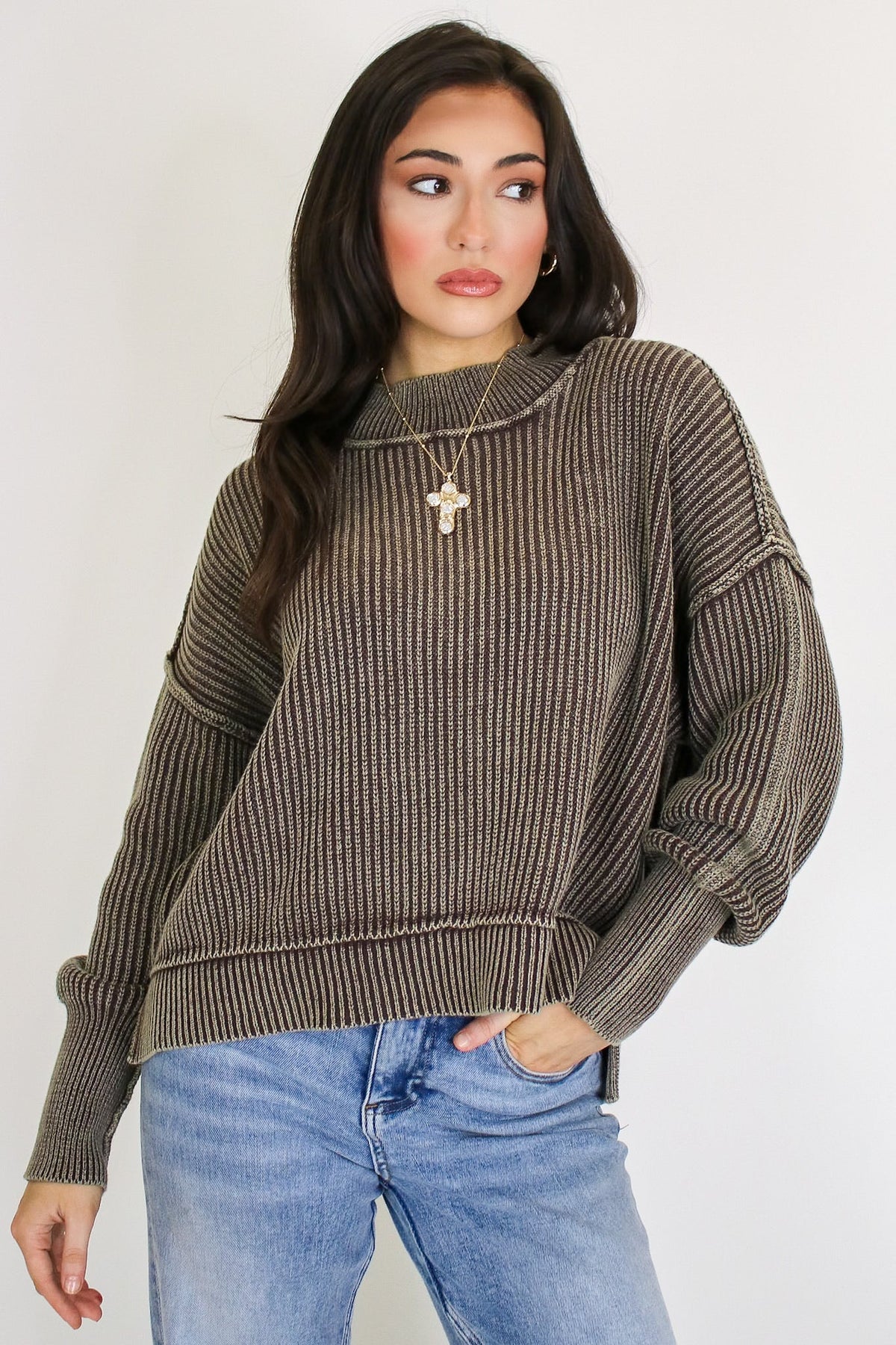 Tara Washed Side Slit Knit Sweater