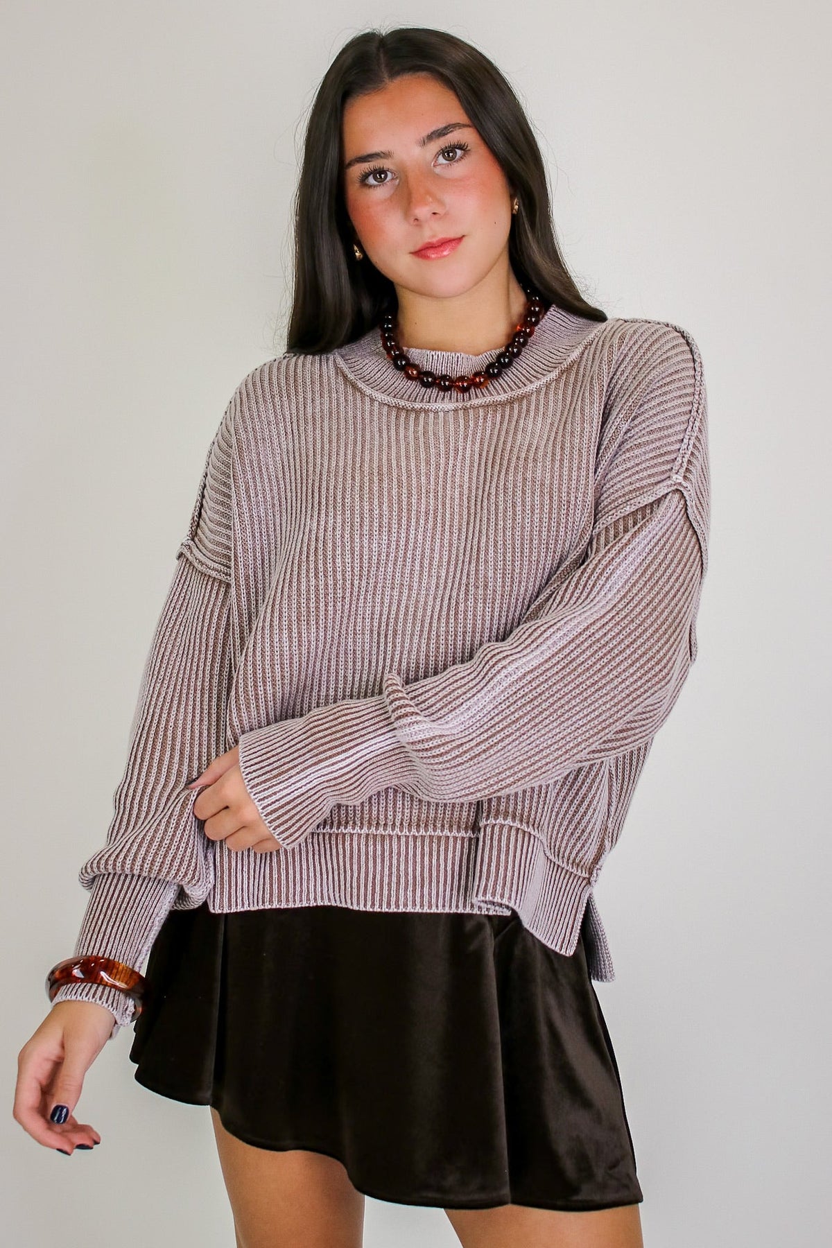 Tara Washed Side Slit Knit Sweater