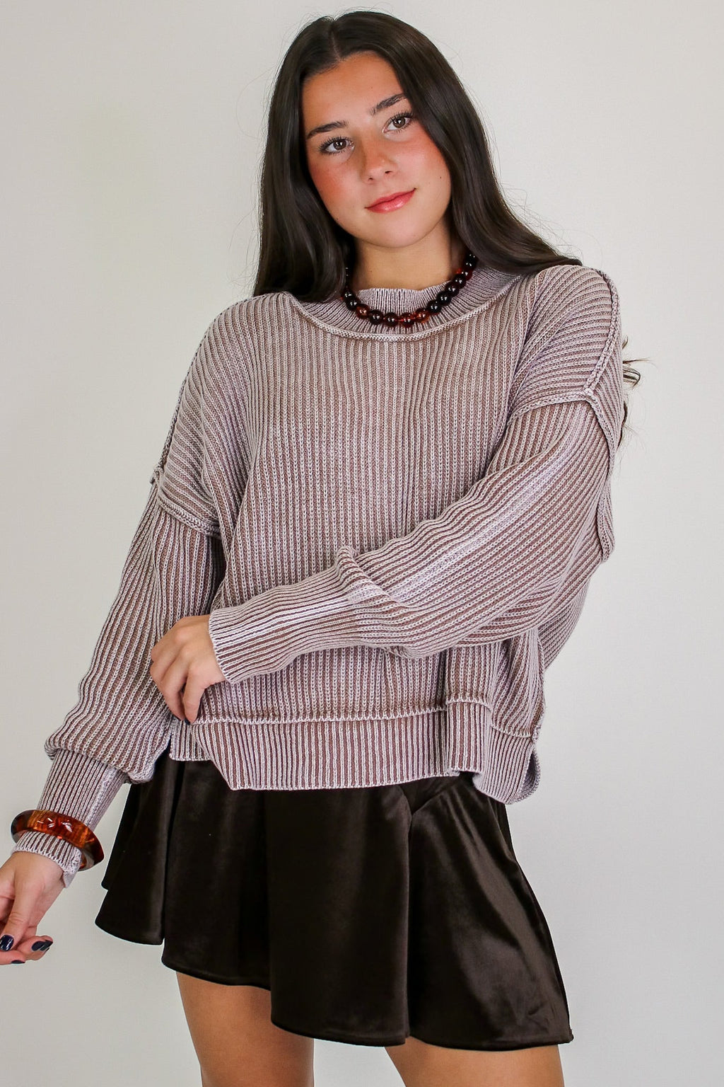 Tara Washed Side Slit Knit Sweater
