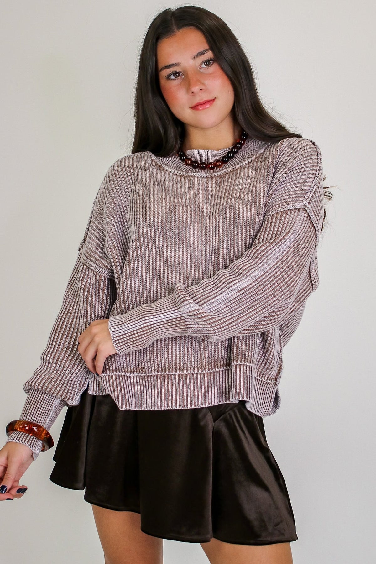 Tara Washed Side Slit Knit Sweater