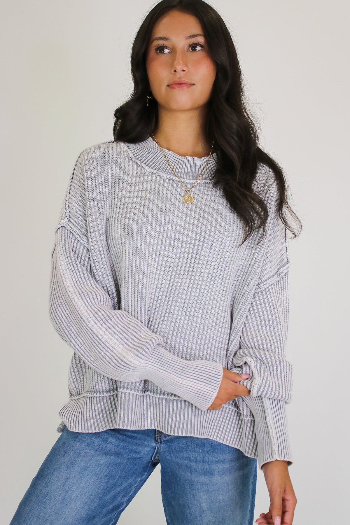 Tara Washed Side Slit Knit Sweater