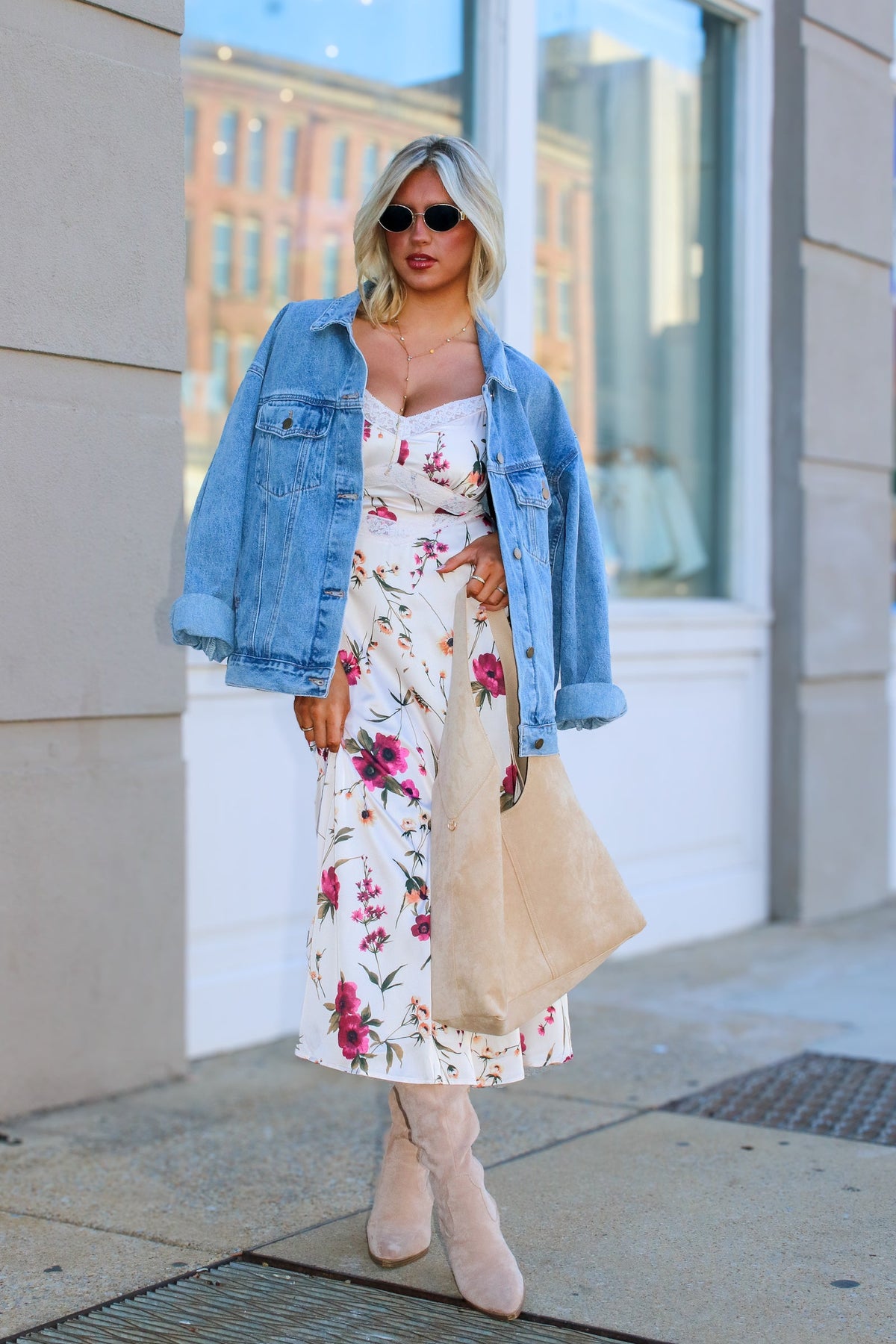 The Bloom Theory Satin Floral Midi Dress