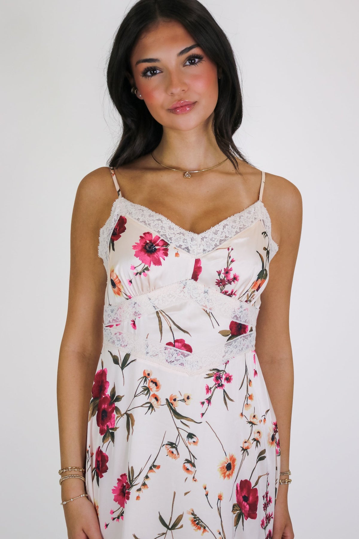 The Bloom Theory Satin Floral Midi Dress