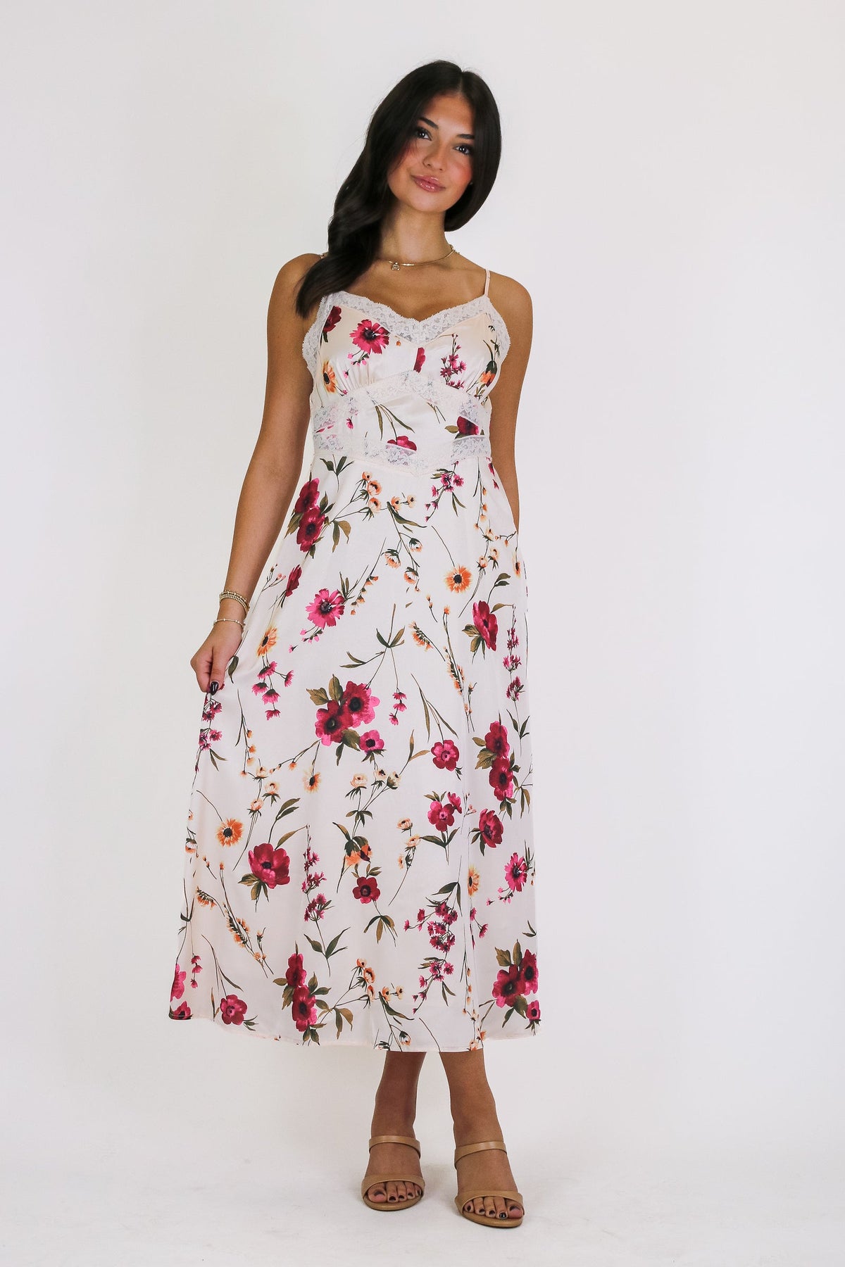 The Bloom Theory Satin Floral Midi Dress