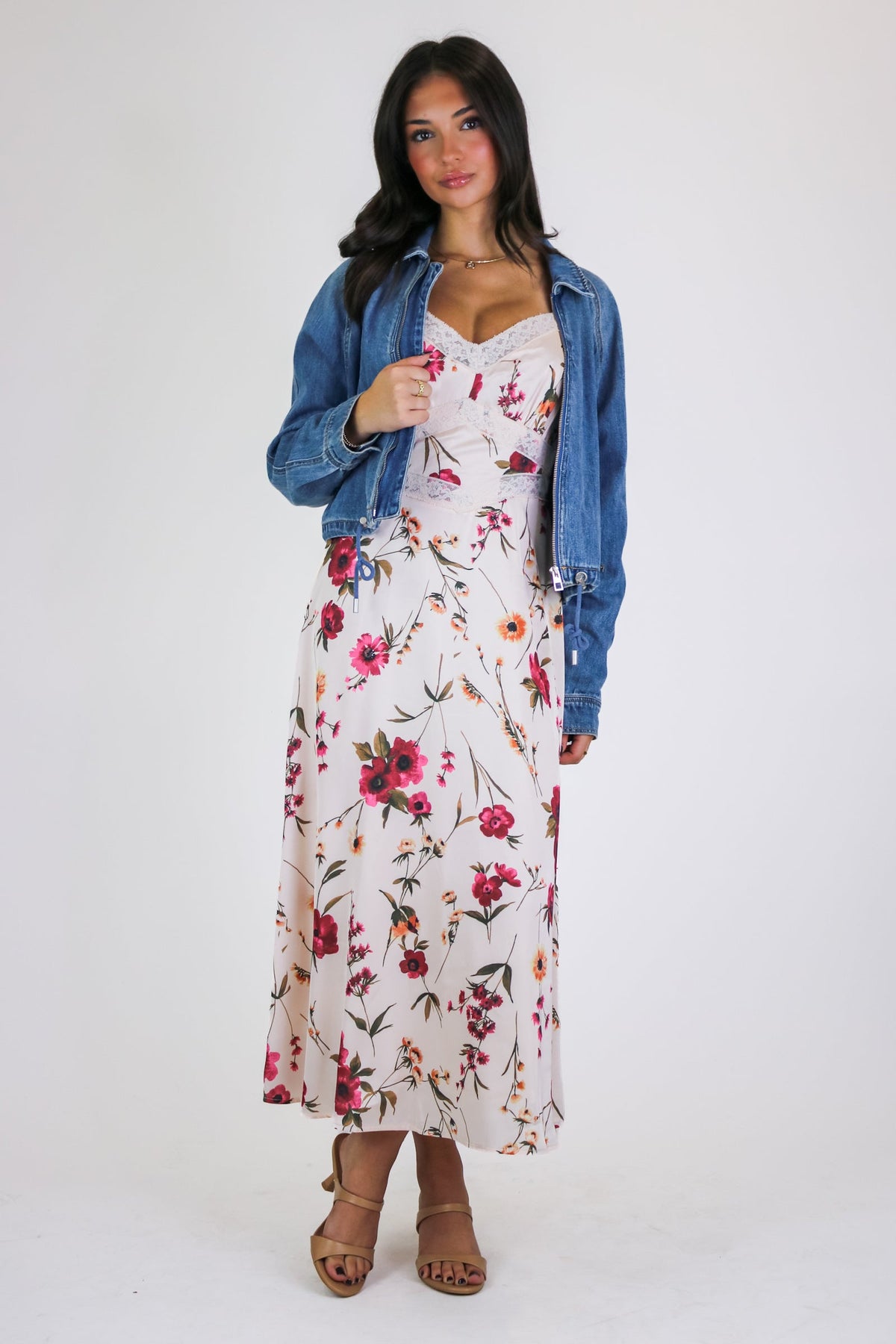 The Bloom Theory Satin Floral Midi Dress